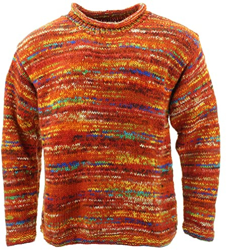 LOUDelephant - Maglione in lana lavorata a maglia grossa, motivo a righe arcobaleno, retrò, 100% lana, ampio, oversize, caldo, S
