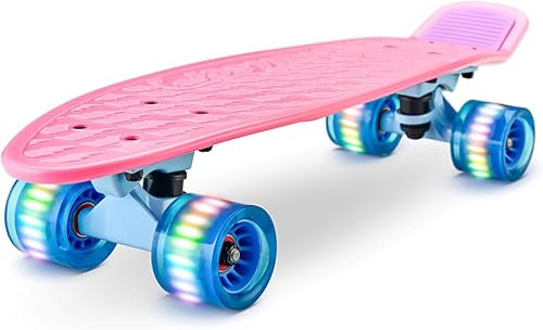 Hurtle Scateboard Kinder ab 6 Jahre, Mini Skateboard mit LED Leuchtrollen, Pennyboard mit Anti- Rutsch Deck für Mädchen & Junge, Cruiser LED, Kaykay- für Anfänger & Fortgeschrittene, Max100kg