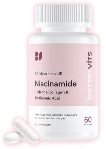 Bettervits Niacinamide Complex with Vitamin B3 Niacin, Marine Collagen, and Hyaluronic Acid – High-Strength Niacinamide Supplement for Energy Support – Natural Vitamin B3 Boost – 60 Capsules