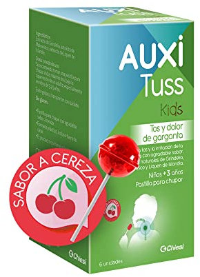 AUXITUSS Kids - Alivia la Tos y Molestias de Garganta - Producto Sanitario Elaborado con Grindelia, Malvavisco y Liquen de Islandia - Cómodo Formato de Piruleta - Sabor a Cereza, Formato de 6 Unidades