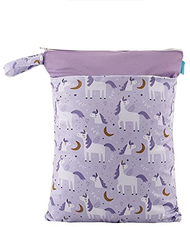Treer Windeltasche Baby 30x40cm Einhorn-Muster Wasserdichte Wetbags mit doppelt Reißverschluss - Nass-Trocken-Trennung - Hängende Kleinkind Stoffwindeln Organiser Beutel (Lila Einhorn)