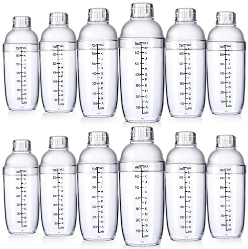 Lallisa 12 coctelera de plástico con escalas y colador superior, vaso mezclador transparente con medidas, herramienta de mezcla de barra de plástico para té, café, leche Boba (700 cc/ 24 onzas)