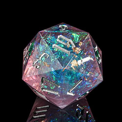Cusdie 33 mm D20 DND-tärningar med vassa kanter och glitterfolieinneslutningar, enkel 20-sidig D&D-tärning, för rollspel, spel, fängelsehålor och drakar gåva (lila)