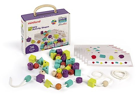 Miniland Eco Activity Shapes. Juego para ensartar Formas geométricas para niños de 3 a 6 años Fabricado en España con Materiales sostenibles.
