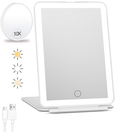 FUNTOUCH Wiederaufladbarer Kosmetikspiegel mit einem kleinen 10x Vergrößerungsspiegel, 2000mAh Reisespiegel mit Beleuchtung, 3 Farblichter Schminkspiegel, Ultraschlanker Tragbarer Make up Spiegel | Wiederaufladbarer 2000mAh Reisespiegel mit Beleuchtung,3Farblichter Schminkspiegel, Ultraschlanker Tragbarer Make up Spiegel
