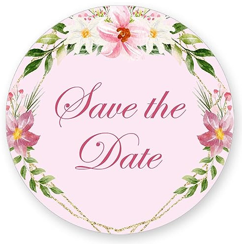 50 Aufkleber SAVE THE DATE - Blumenmotiv Rund Ø 4,5 cm, Besondere Anlässe Einladung, Motiv-Sticker