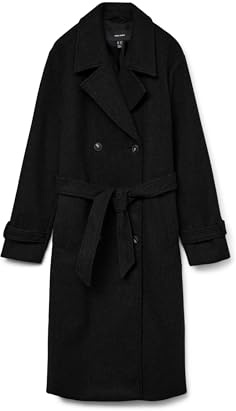 VERO MODA Damen Mantel VMFortunevega Long Trenchcoat langer Winter Wollmantel 10289870 Black XS