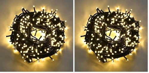 SHATCHI 100 LEDs Fairy String Lights Warm White Indoor/Outdoor Christmas Tree/Home/Party/Wedding/Garden Decorations Green Cable 8 Modes Mains Powered Memory Auto Timer (Pack of 2)