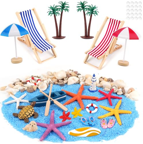 43 Stück Strand Mikrolandschaft, Miniatur Strand Deko, Mini Liegestuhl Strandkorb Sonnenschirm Kleine Palme Muscheln Deko Accessoires, für DIY Garten Beach Dekoration
