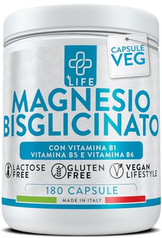 Magnesio Bisglicinato Capsule PiùLife, 300mg Con Vitamina B6, B1, B5, Organico – come Integratore Magnesio Glicinato ad Alta Biodisponibilità – Muscoli, Ossa, Sistema Nervoso, Stress e Stanchezza