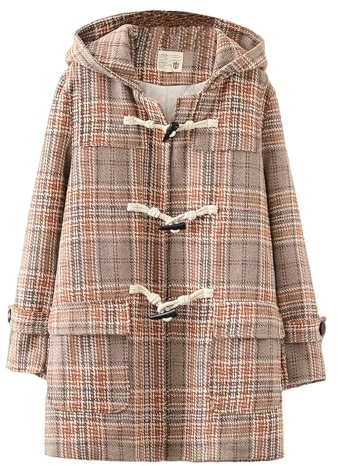 HIMI HIMIFASHION Duffle-coat de style japonais pour adolescents - Manteau mi-long en laine à carreaux - Bouton en corne - Vêtement d'extérieur épais à capuche avec poches, kaki, M