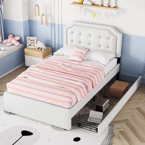 MQGPM Polsterbett mit Stauraum 90x200cm, Stauraumbett Einzelbett mit Zwei Schubladen und Kopfteil, Jugendbett mit Bettgestell und Lattenrost, Einfaches Design, Ohne Matratze, Weiß