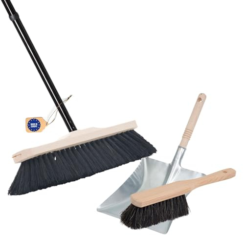 Novaliv Escoba de habitación con mango estable, pelo de caballo auténtico, cerdas suaves, 4 piezas, mango y recogedor de mano, juego de recogedor de metal galvanizado
