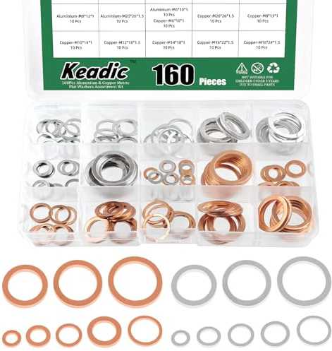 Keadic Lot de 160 bouchons de vidange d'huile de 16 tailles, ensemble de joints plats en cuivre et aluminium pour piste et moto, M6 M8 M10 M12 M14 M16 M18 M20