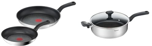Tefal 2 Piece Comfort Max, 24cm & 28cm Frying Pans, Stainless Steel, Silver, Black & 26cm Comfort Max Stainless Steel Non-Stick Saute Pan and Lid, Silver