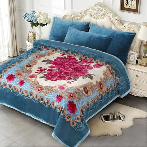 JYK Korean Mink Fleece Flannel Blanket Queen Size 75 x 87, 5 Pounds - 2 Ply Reversible Silky Soft Plush Warm, Comfy Blanket for Autumn, Winter - Blue/Peony
