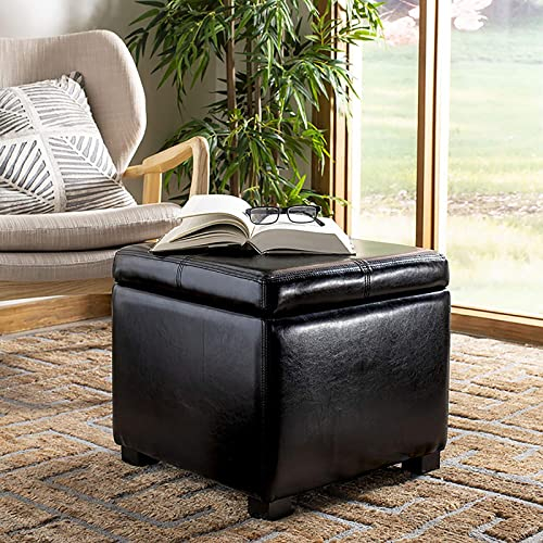 Premium Leder Stauraum Ottoman Cube,Moderner Quadratischer Fußstützen Couchhocker Für Wohnzimmer Schlafzimmer,Bequemer Ruhefußhocker Ottomane Sitz Mit Stauraum-Schwarz 45x45x42cm(18x18x17inc