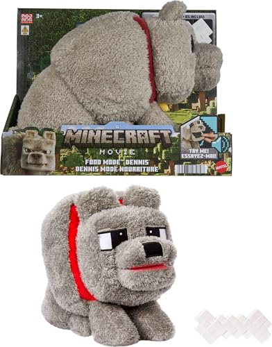 Mattel Minecraft Dennis the Wolf Plush Toy with Feeding Action & Sound, Food Mode Stuffed Animal Inspired by A Minecraft Movie, JDW26