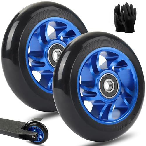 100mm Stunt Scooter Rollen Roller Reifen - Scooter Räder Ersatzräder,Mit Felgen Aus Aluminiumlegierung Und Anti-Blockier-Lager, Scoot and Ride Roller Zubehör (2Stück 100mm Blau)