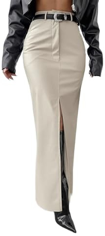 Donna Autunno Moda PU in Pelle Lunga della Matita Gonna Anteriore Slit Colore Solido in Pelle A Vita Alta Gonna Lunga Split