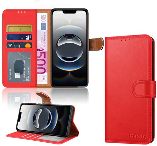 iCatchy för iPhone 16e/iPhone 17e plånboksfodral, premiumläder magnetiskt flipfodral med RFID-blockerande korthållare, stativ, stöttåligt skydd för 6,1 tum (röd)
