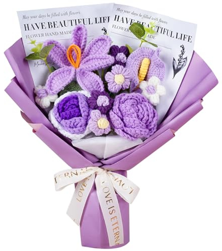 janeunique Bouquet di fiori all'uncinetto lavorato a maglia, per anniversario, laurea, decorazione della casa e matrimonio (viola)