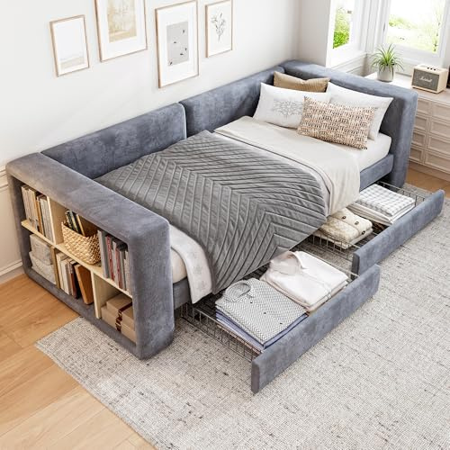 ANIROY 3FT Single Bed 90x190cm, Upholstered Bed, Daybed Sofa Bed with Side Storage Compartment, 2 Drawers on Wheels, Youth Bed for Adults & Teenagers, Easy Assembly, Velvet, Grey