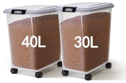Nobleza - Futterbehälter für Haustiere, 30+40L, für Haustiere, Lebensmittelbox mit Rädern, Klappdeckel, Luftdicht, Transparent, Rollen und Schaufel, für Hunde und Katzen, Grau