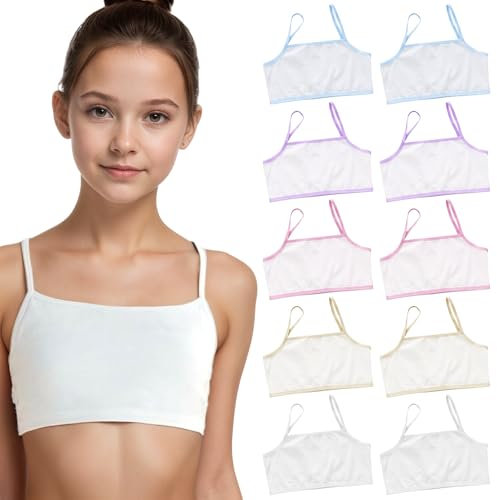 Guegine 10 Pack Girls Sports Bra, Girls Bra Tops, No Padding, No Underwire, Soft and Comfortable, Suitable for Children and Teenagers, 5 Options (8-12 Years)