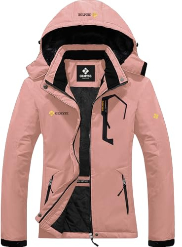 GEMYSE Chaqueta de Esquí para Mujer Abrigo de Invierno con Capucha Impermeable de Montaña de Nieve Antiviento con Forro Polar(Rosa Coral,M)