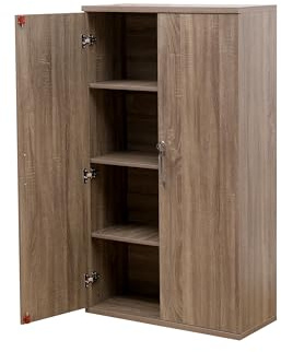 MMT Furniture Designs Ltd Oak Storage Cabinet Lockable 2 Door 140 cm Dark Oak Tall Shoe Garage Tool Organiser, Office Filing Cabinet Storage Cupboard, with 3 Shelves (DarkOak)