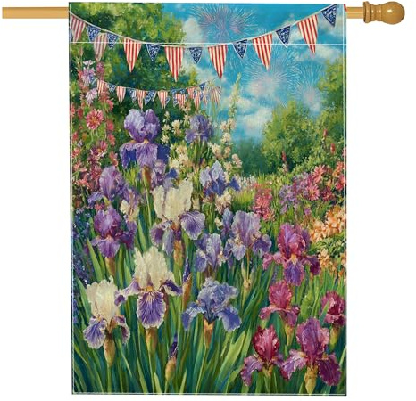 Drapeau de jardin patriotique floral rouge, blanc, bleu, iris - Décoration de vacances - Bannière d'été pour la maison - Bannière double face - Décoration de fête extérieure - 71 x 101 cm