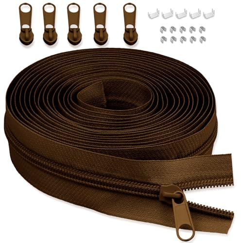 LHZHLE 5mm Endlosreißverschluss Mit Zipper: 3.65m Braun Nylon Reissverschluss - Meterware mit 5 Reißverschlusszügen für Nähen Bettwäsche und Kopfkissen