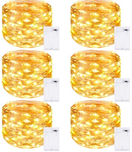 kolpop 6 Stück LED Lichterkette Batterie, 5m 50er Micro LED Lichterkette Draht Innen Batteriebetrieben Lichterketten für Zimmer für Party Weihnachtsbaum Halloween Hochzeit Deko(Warmweiß)