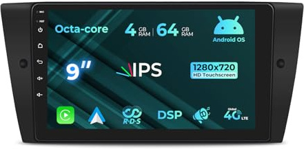 NVGOTEV [8 cœurs 4+64 Go] Autoradio pour BMW 3er E90 E91 E92 E93 M3, Radio à écran Tactile 9 Pouces avec Carplay/Android Auto sans Fil, Bluetooth WiFi GPS 4G DSP FM/AM RDS SWC Dab+ en Option
