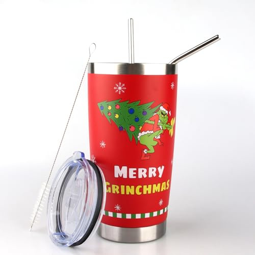 Mug Thermos Isolant 600ml - Tasse à Café Isotherme en Acier Inoxydable avec 2 Pailles Réutilisables, Gobelet Voyage Isotherme pour Café, Thé, Boissons Froides - Idée Cadeau pour Noël (Rouge)