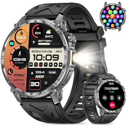 Miecgth Smartwatch Uomo, 1,7'' Militari Orologio smart watch uomo Torcia 100 Giorno Standby Chiamate Bluetooth 120+ Modalità Sportive SpO2 Cardiofrequenzimetro Sonno IP68 Android iOS (Silicone)