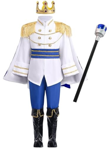 Ngbbby Costume da principe da 110 cm per bambino, tunica a maniche lunghe con corona e bastone per giochi di ruolo