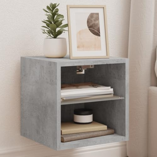 Mandloder Meuble TV mural avec éclairage LED, gris béton, 30 x 28,5 x 30 cm, en bois dérivé du bois, console TV flottante avec étagère en verre, espace de rangement polyvalent pour le salon
