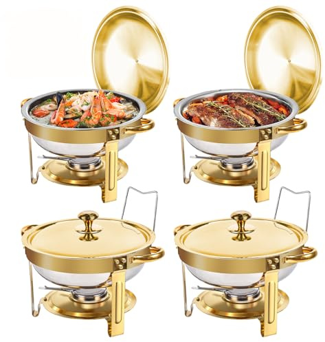 Chafing Dishes for Buffet Set, 4 Pack 5QT Round Stainless Steel Chafing Dish Set for Home Parties, Catering Events,Christmas Gatherings Complete Buffet Warmer Set (4 Pcs Golden lid)