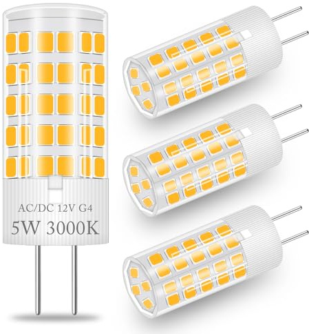 XIMNCHNI G4 AC/DC 12V LED Light Bulb 5W 500lm,G4 Bin Pin Base 50W Equivalent Warm White 3000K, 360° Beam Angle, Not-Dimmable LED Bulb for Living Room, Kitchen & Bathroom,4 Packs