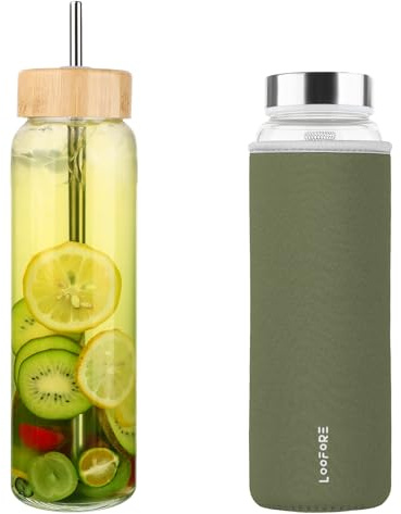 LOOFORE 1000ml / 32oz Glass Water Bottle with Straw - Water Bottle 1L with 2 Lids (Bamboo & Stainless Steel Lid), Stainless Steel Straw & Neoprene Sleeve for Fitness, Sports & Workout, 1 Pack