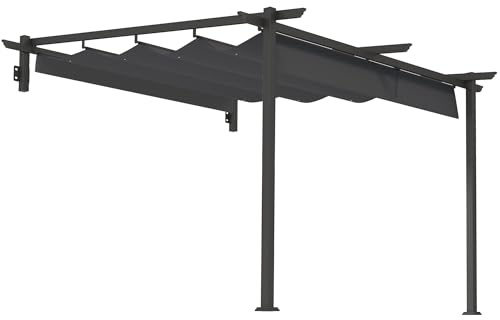 Anbaupavillon 3x3m Wandmontage Pergola mit Verstellbarem Dach, Terrassenüberdachung Aluminium Wasserdicht, Gartenpavillon für Terrasse Garten Balkon, 297x297x200-230cm, Dunkelgrau