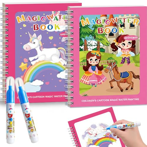 Caelura 2 Stück Wassermalbuch mit Wasserstifte, Einhorn Prinzessin Malbuch | Wasser Malbuch Wiederverwendbar, Magic Water Book, Fleckenfreier Malspaß, Ideal für Autofahrt und Reisen, Geschenk Geburtstag
