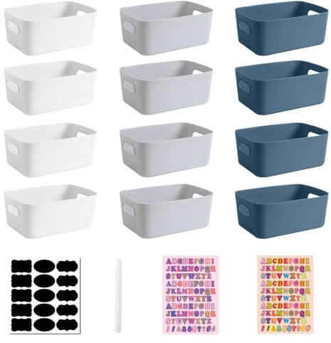 12 PCS Small Plastic Storage Boxes with Handles, Thickened Storage Baskets with DIY Labels & Pen, Portable Organiser Boxes for Shelves, Drawer, Kitchen Cupboard, Bathroom, Office & Makeup - 3 Colors
