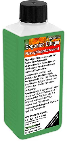 GREEN24 Begonien-Dünger Begonia Spezialdünger für alle Begonien-Arten, fördert üppige Blütenpracht & kräftiges Blattwerk, ideal für Zimmer-, Knollen- & Freiland-Begonien, NPK 250ml