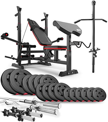 Hop-Sport - Hantelbank mit Latzug, multifunktionale Trainingsbank, verstellbare Schrägbank, inkl. Langhantelstange, SZ-Curlstange, Hantelset 75kg bis 173kg, max. Hantelbank Belastbarkeit 270 kg