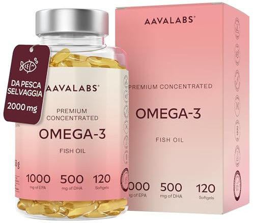 Omega 3 2000mg ad Alto Dosaggio - Olio di Pesce Omega 3 Capsule - Integratore Omega 3 1000mg EPA 500mg DHA per dose giornaliera (2 capsule) - Fish Oil Puro Non-OGM Fonte di Acidi Grassi - 120 softgel
