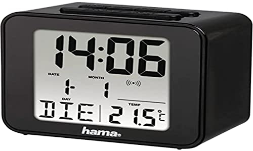 Hama - Sveglia da viaggio radiocontrollata Cube, calendario, indicazione della temperatura, nero