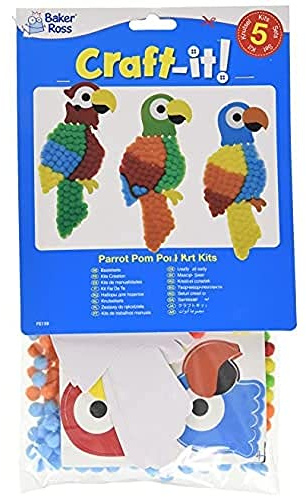 Baker Ross FE159 Kit Pompon Pappagallo - Confezione da 5, Carta Autoadesiva Con Pompon Colorati